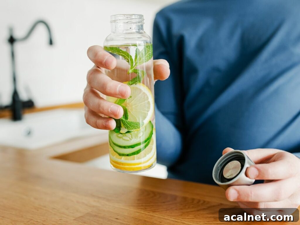 A man holding a glass bottle of water with cucumbers and lemons.