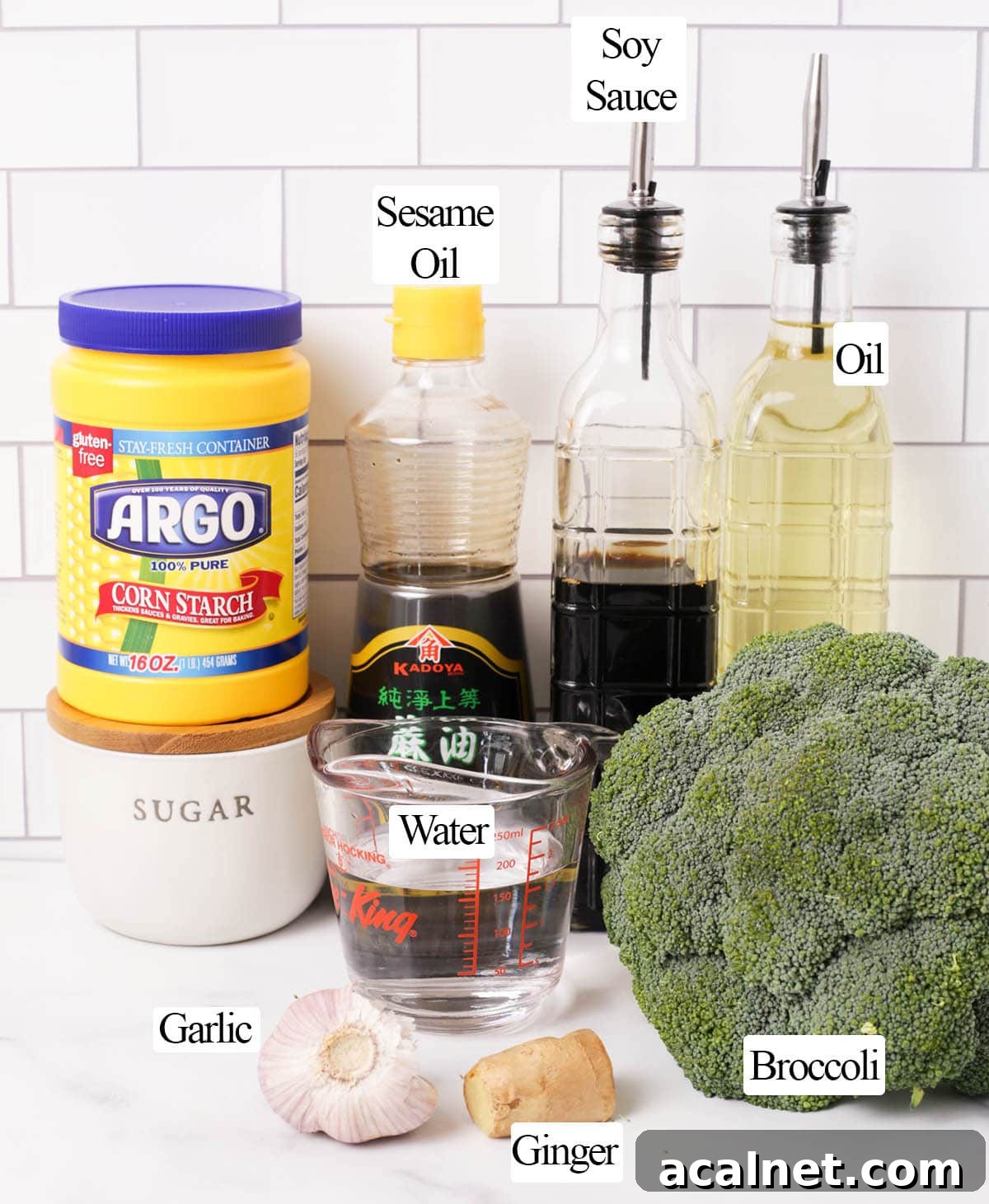 Ingredients needed to make broccoli and brown sauce for stir fry.