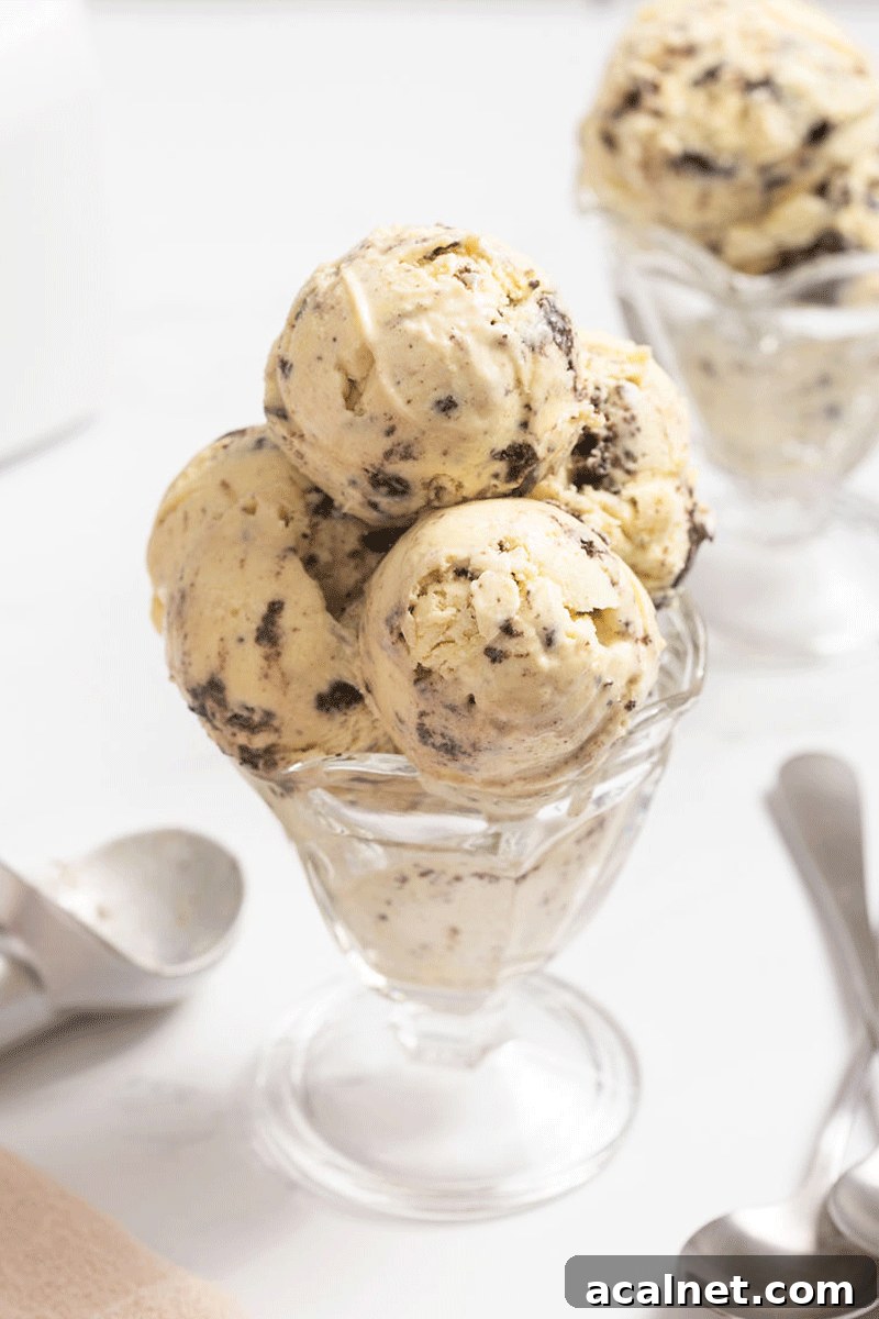 A glass ice cream sundae dish with 3 scoops of cookies and cream ice cream in it