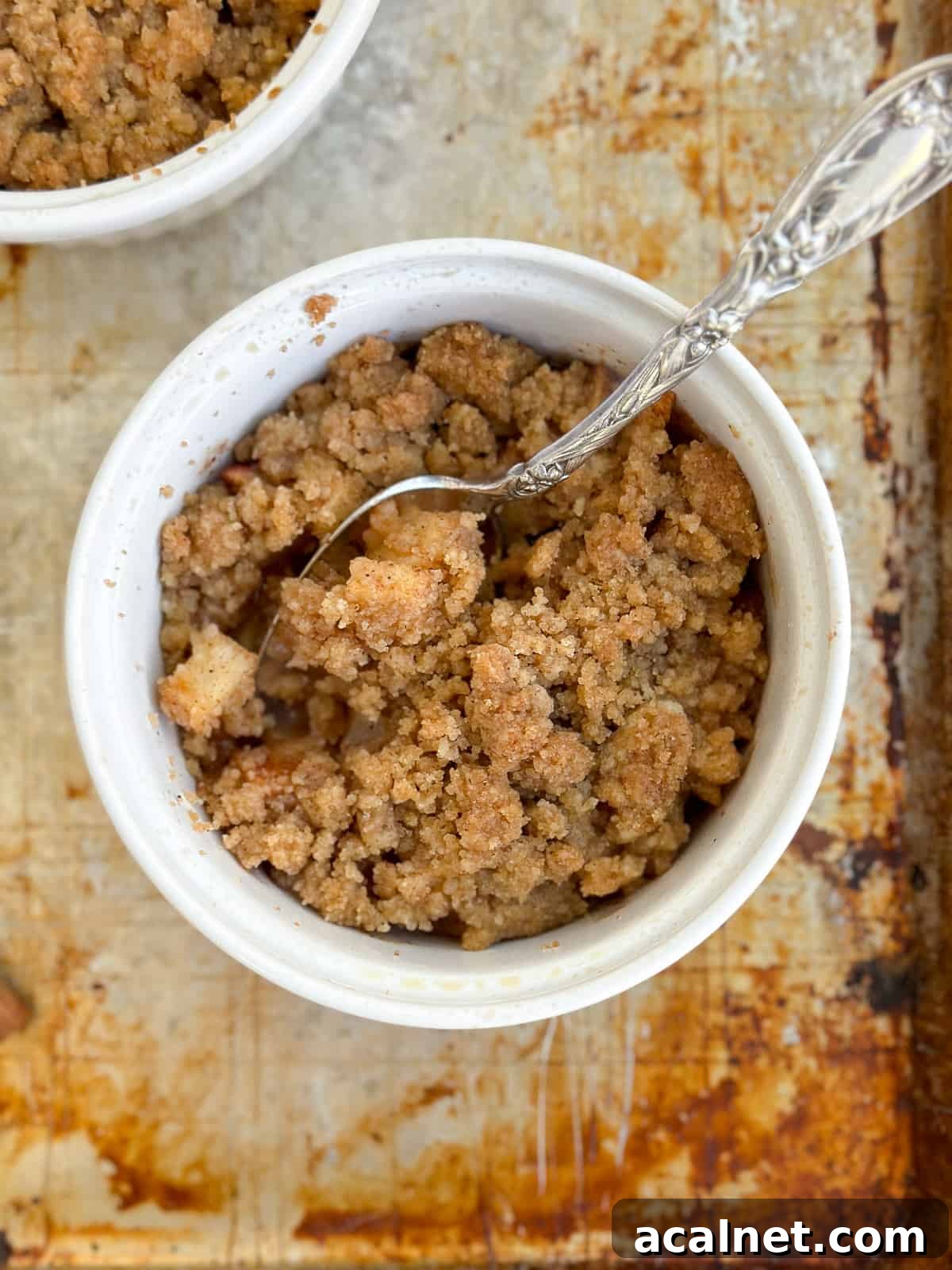 a close up of an apple crumble for two with a spoon showing inside.
