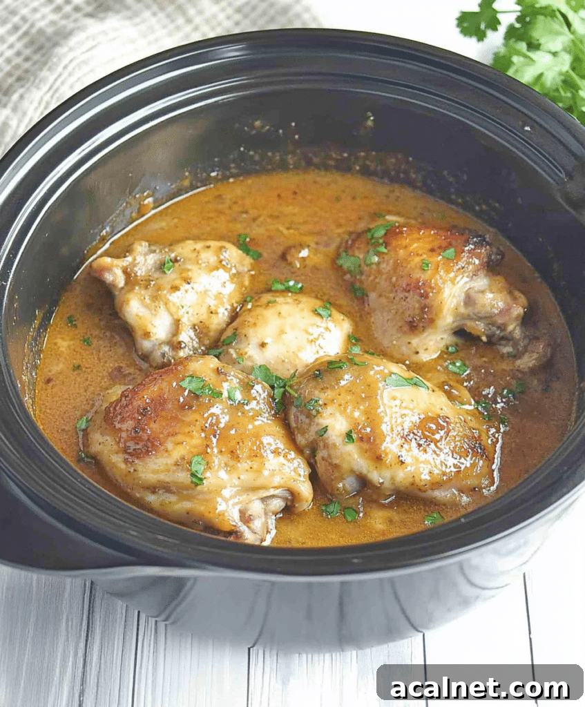 Gluten-Free Slow Cooker Honey Mustard Chicken Thighs 3 Honey mustard sauce over chicken