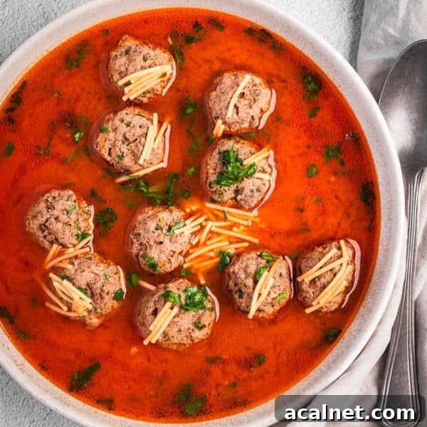 Bowl of kofta meatball soup with noodles in a tomato broth.