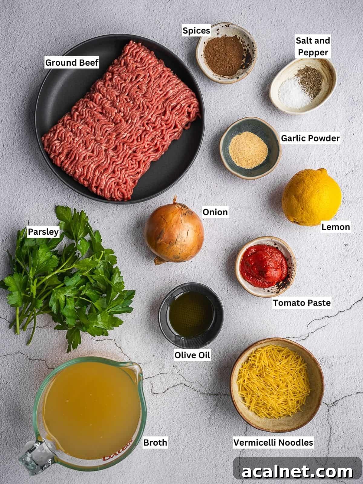 Kofta meatball soup recipe ingredients with individual labels on a board.