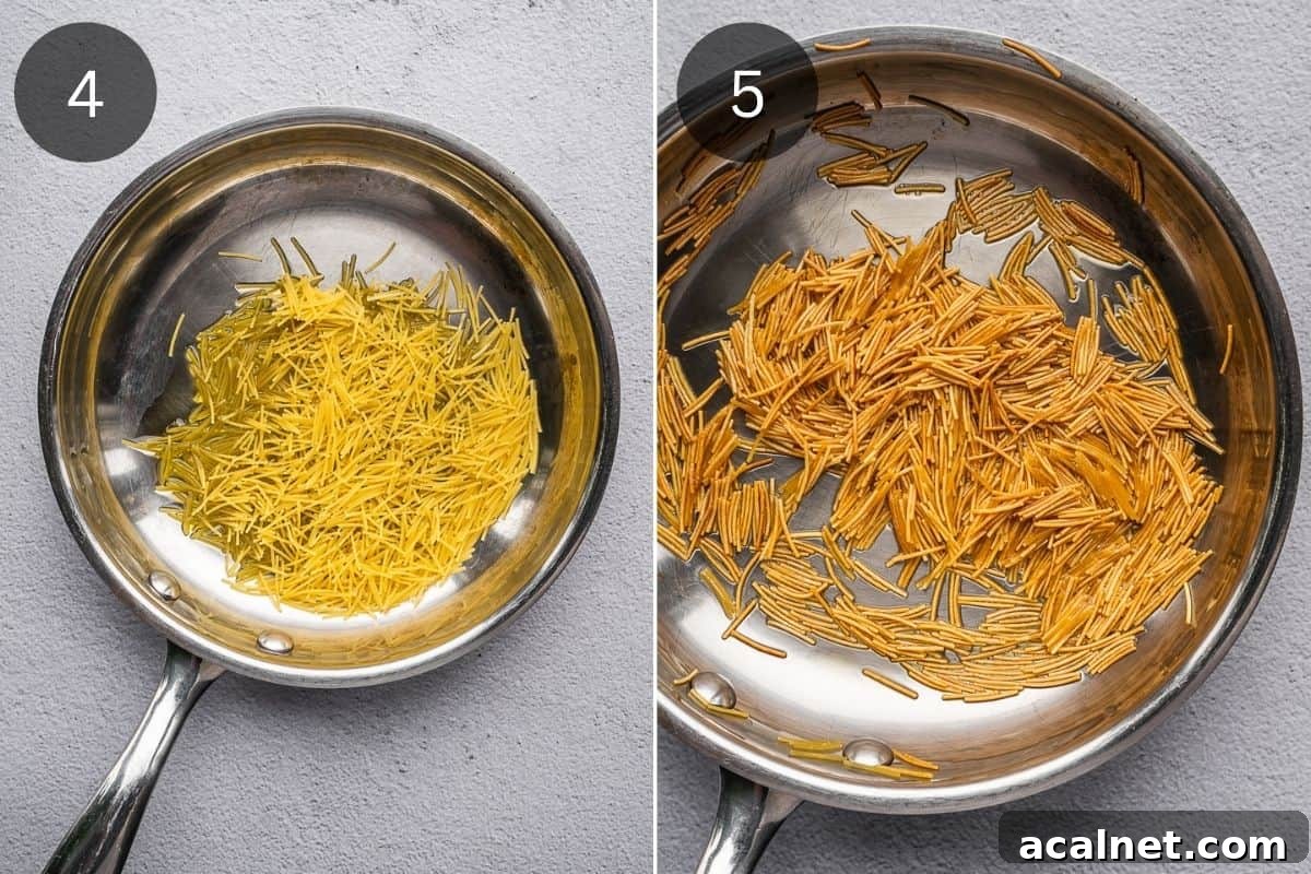 Recipe step showing the toasting of the vermicelli noodles.