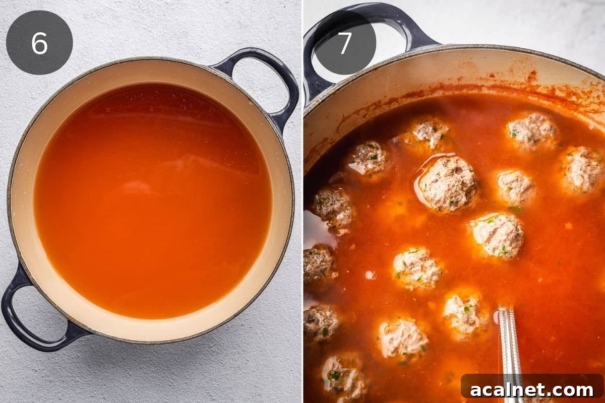 Recipe steps showing the seasoning of the broth and the cooking of the meatballs in it.