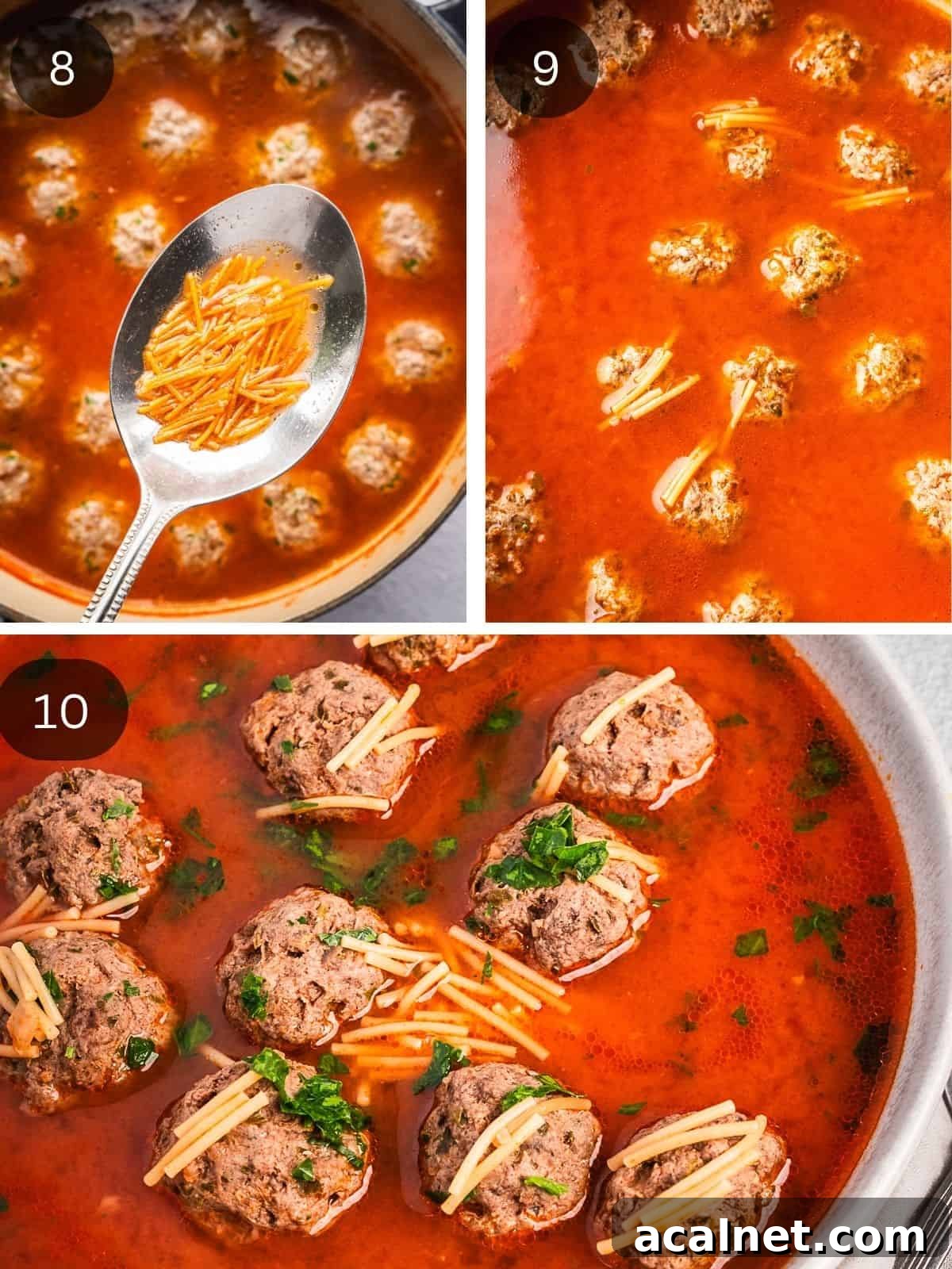 Recipe steps showing the addition of the noodles to the soup and the final plating with parsley garnish.