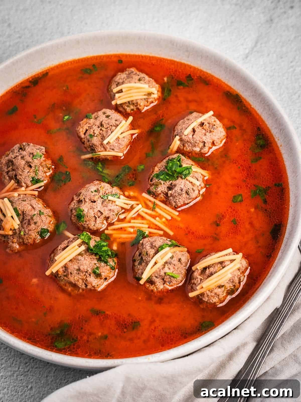 Bowl of kofta meatball soup with noodles in a tomato broth.