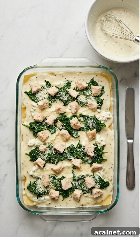 Assembled unbaked white lasagna ready for oven