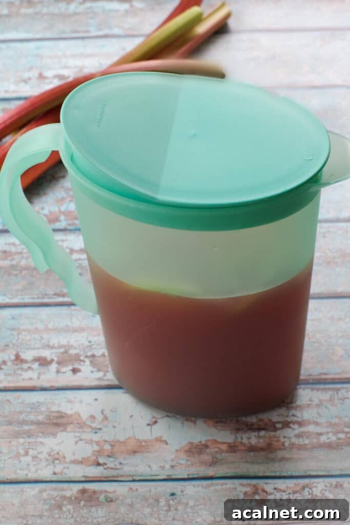 blue jug of leftover rhubarb lemonade