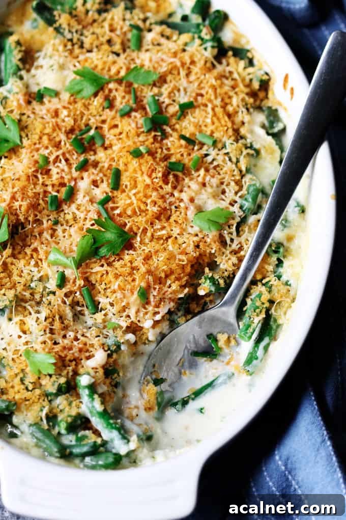 Creamy Cheddar Green Bean Casserole with Crispy Onions 5 Close up shot of green bean casserole