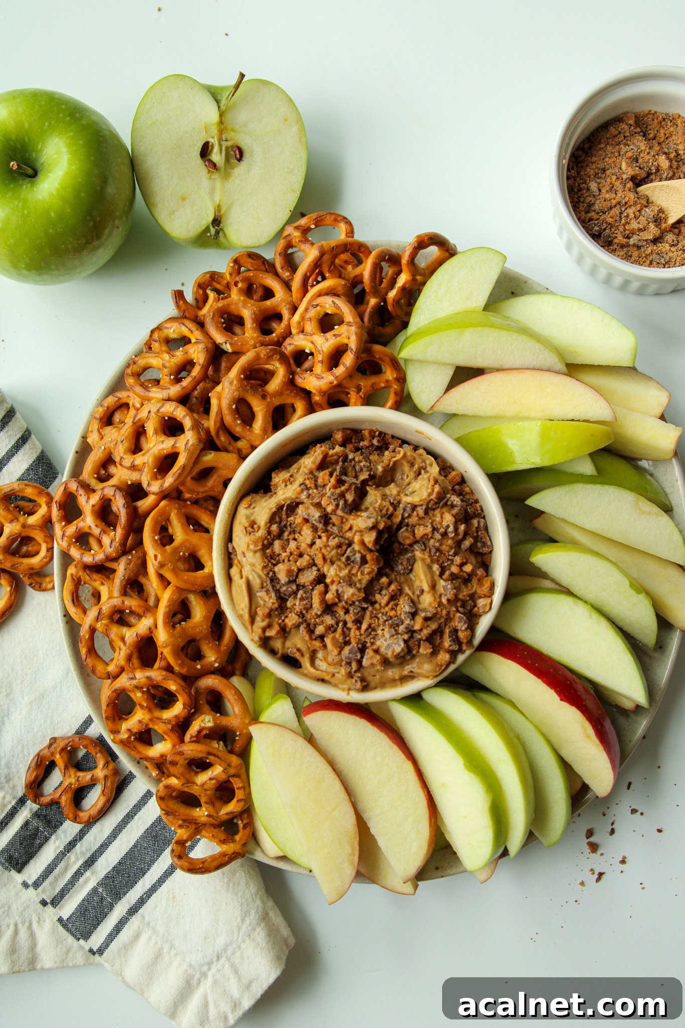 Dairy-free Toffee Apple Dip - served with apples and pretzels.