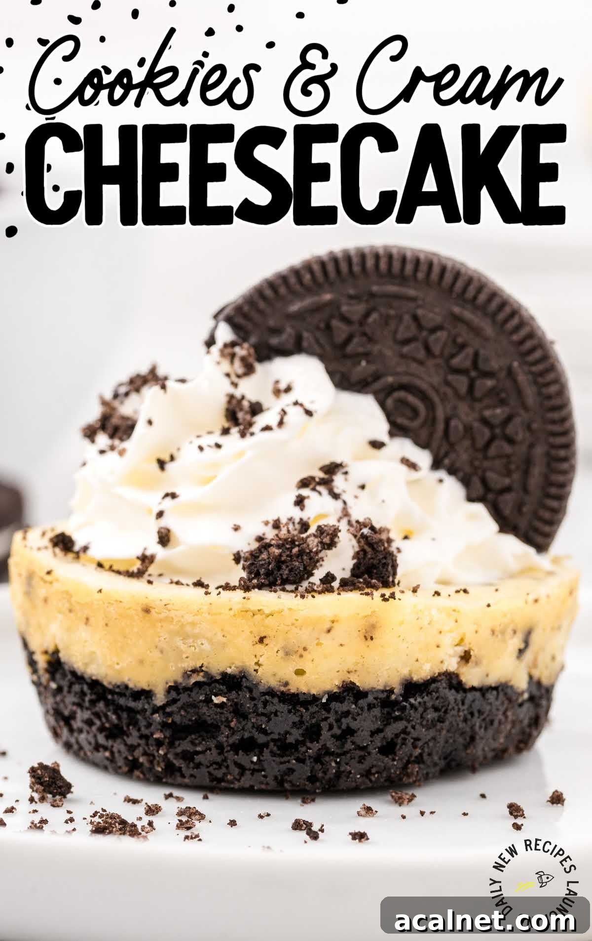 Cookies and Cream Cheesecake with Oreo Crust 2 cookies and cream cheesecakes with a Oreo cookie on top on a plate