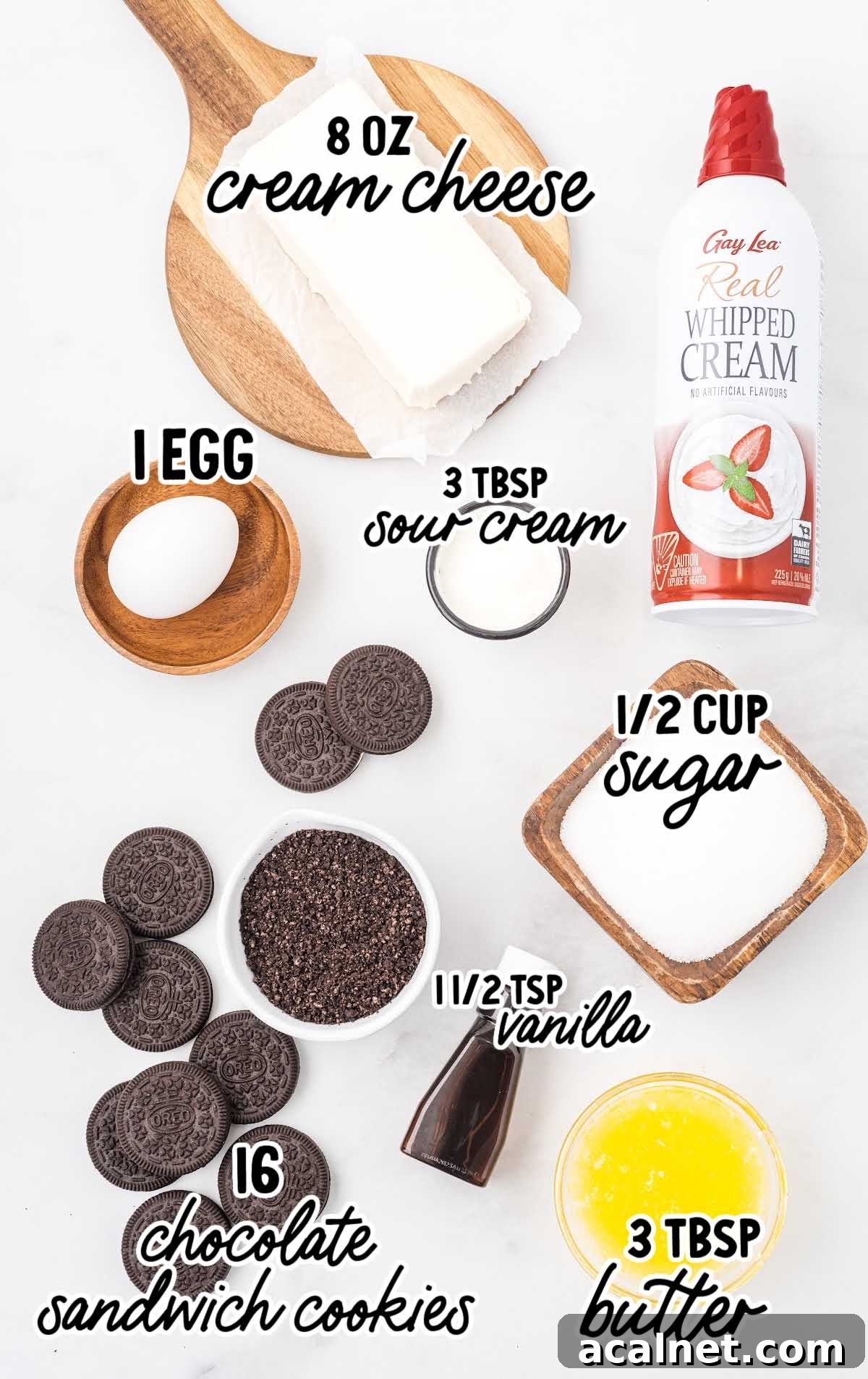 Cookies and Cream Cheesecake with Oreo Crust 3 cookies and cream cheesecakes raw ingredients that are labeled