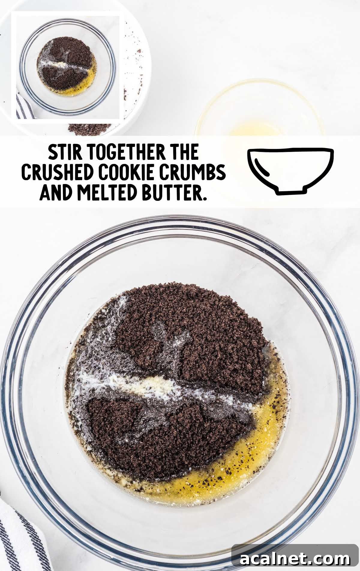 Cookies and Cream Cheesecake with Oreo Crust 4 crushed cookies crumbs and melted butter stirred together in a bowl