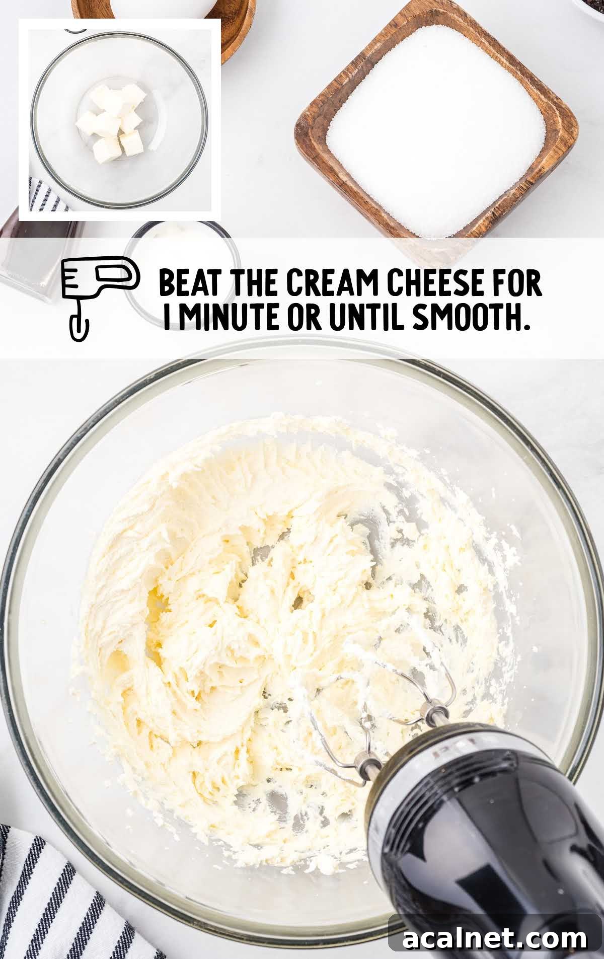 Cookies and Cream Cheesecake with Oreo Crust 6 cream cheese blended in a bowl