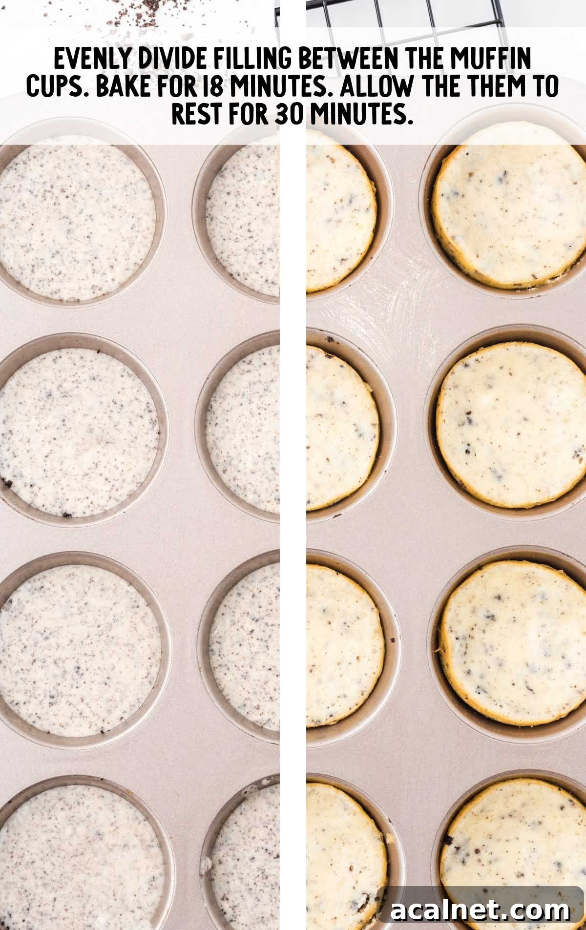 Cookies and Cream Cheesecake with Oreo Crust 8 cheesecake batter being added to muffin cups and baked