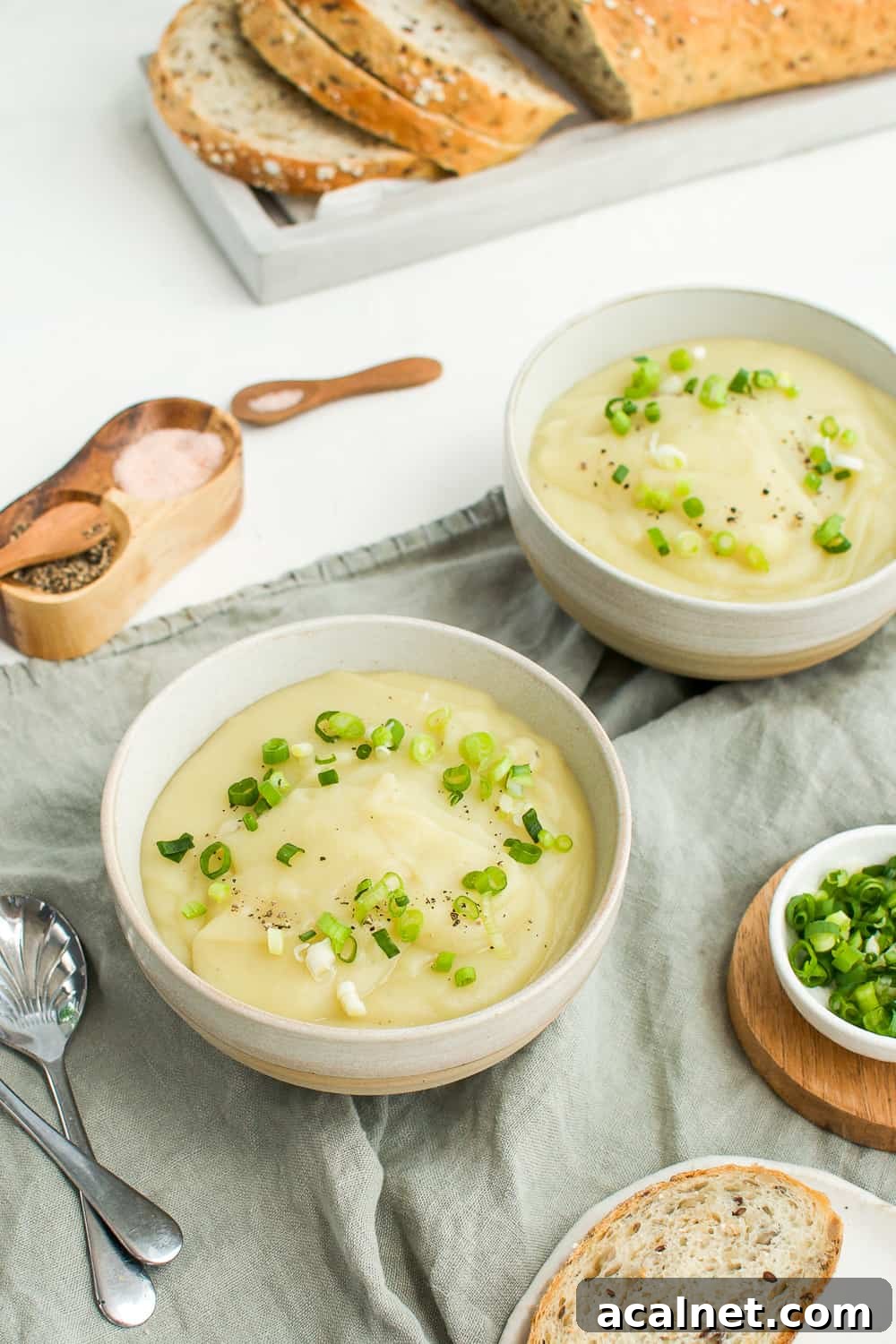 two bowls of soup, sitting on a grey towel, with some spoons on the side, salt and pepper and a small bowl of chopped spring onion.