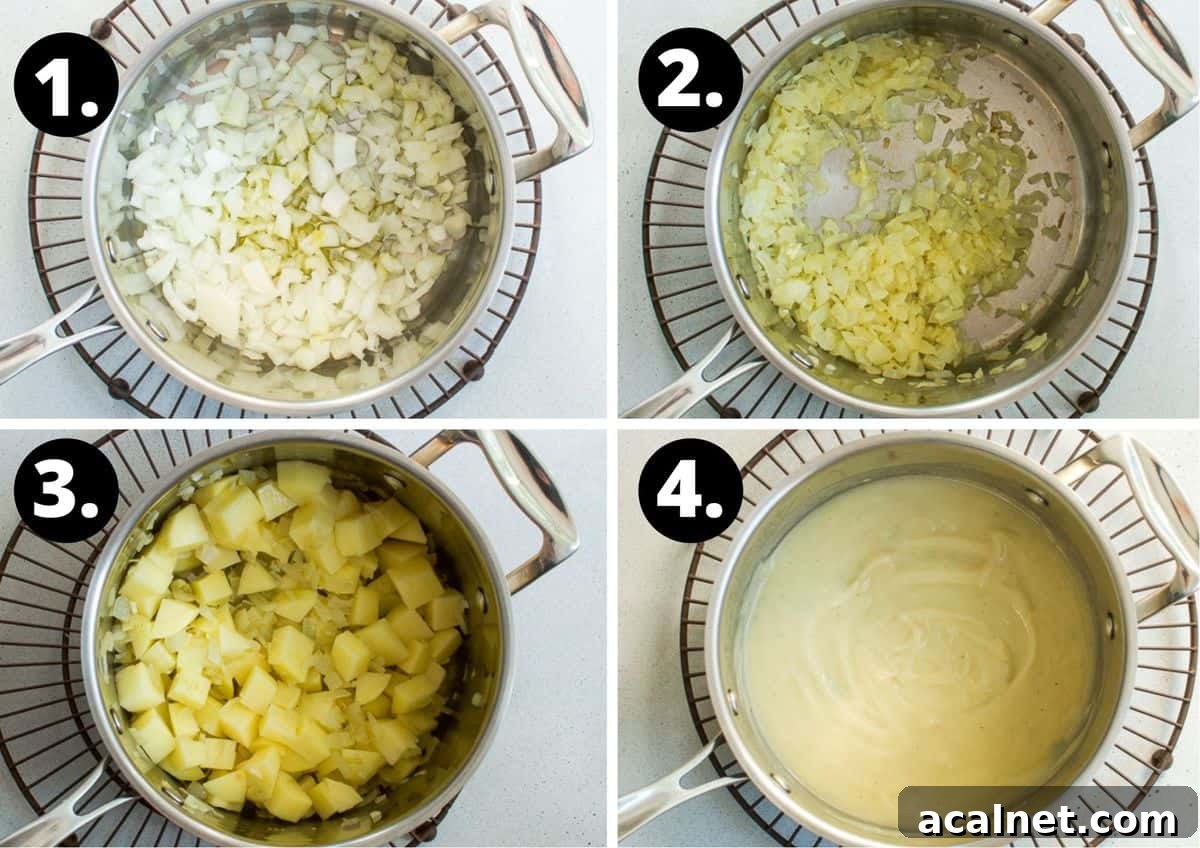 the four steps to make this recipe in a photo collage - the onions in the saucepan, the cooked onions, adding the potatoes to the saucepan and the cooked and pureed soup in the saucepan.