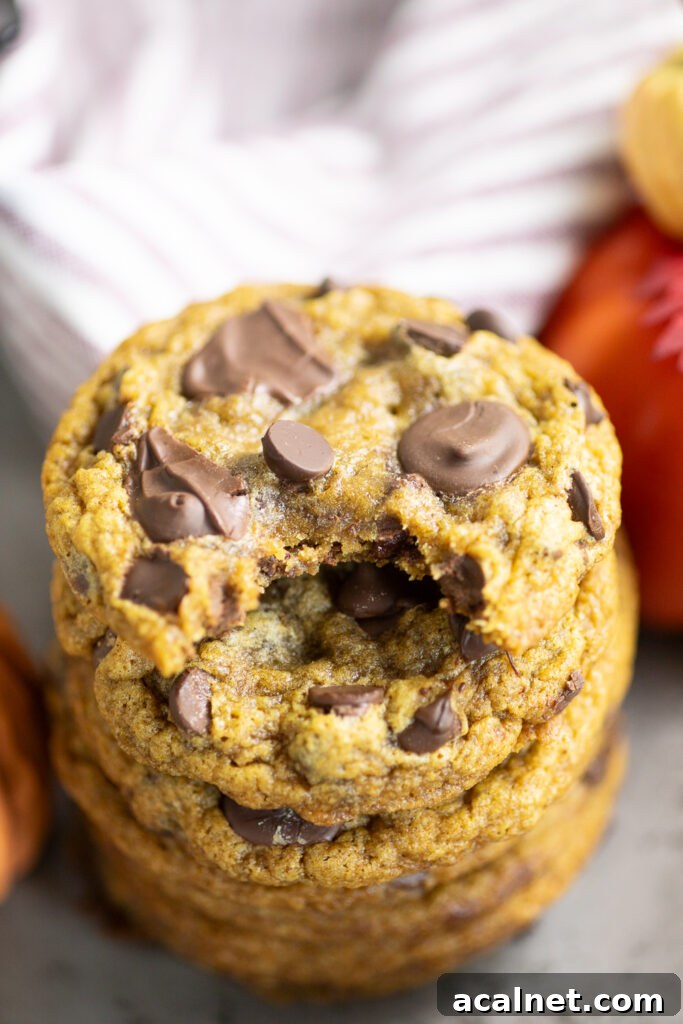 Overhead view of a stack of pumpkin chocolate chip cookies with a bite taken out of the top one and a linen napkin behind.