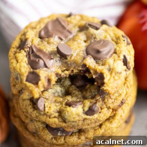 Overhead view of a stack of pumpkin chocolate chip cookies with a bite taken out of the top one.