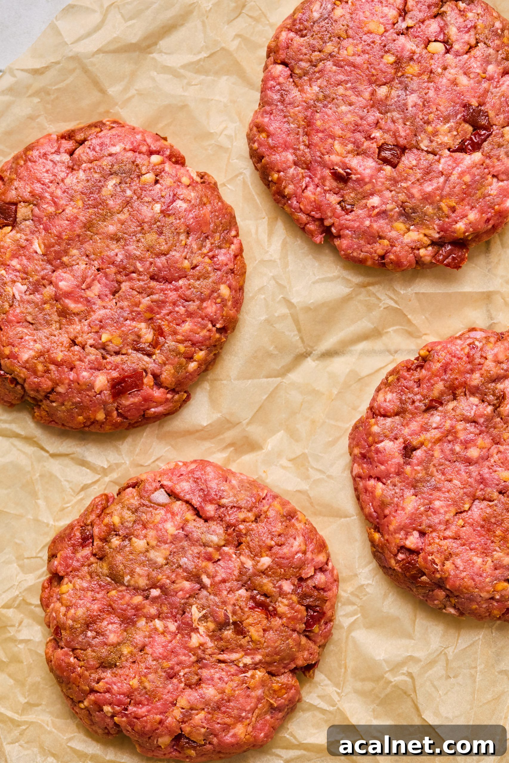 Smoky Chipotle Beef Burgers with Creamy Aioli 7 4 large chipotle beef burger patties sitting on a piece of brown parchment paper