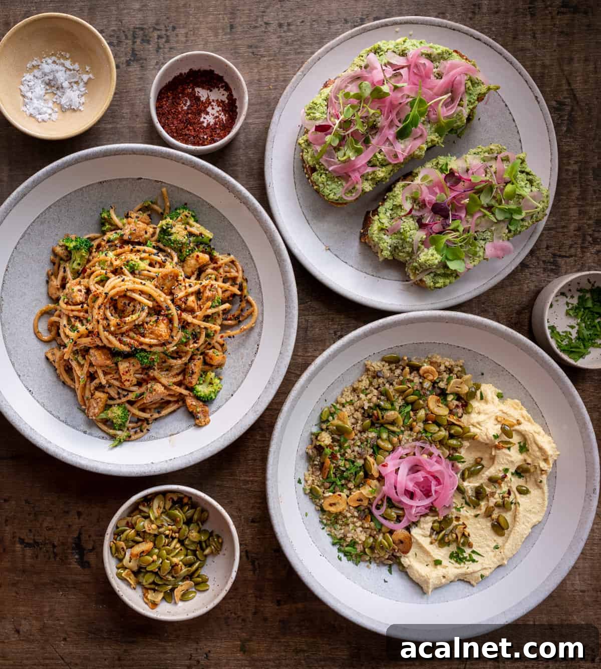 three high protein vegan meals on a table