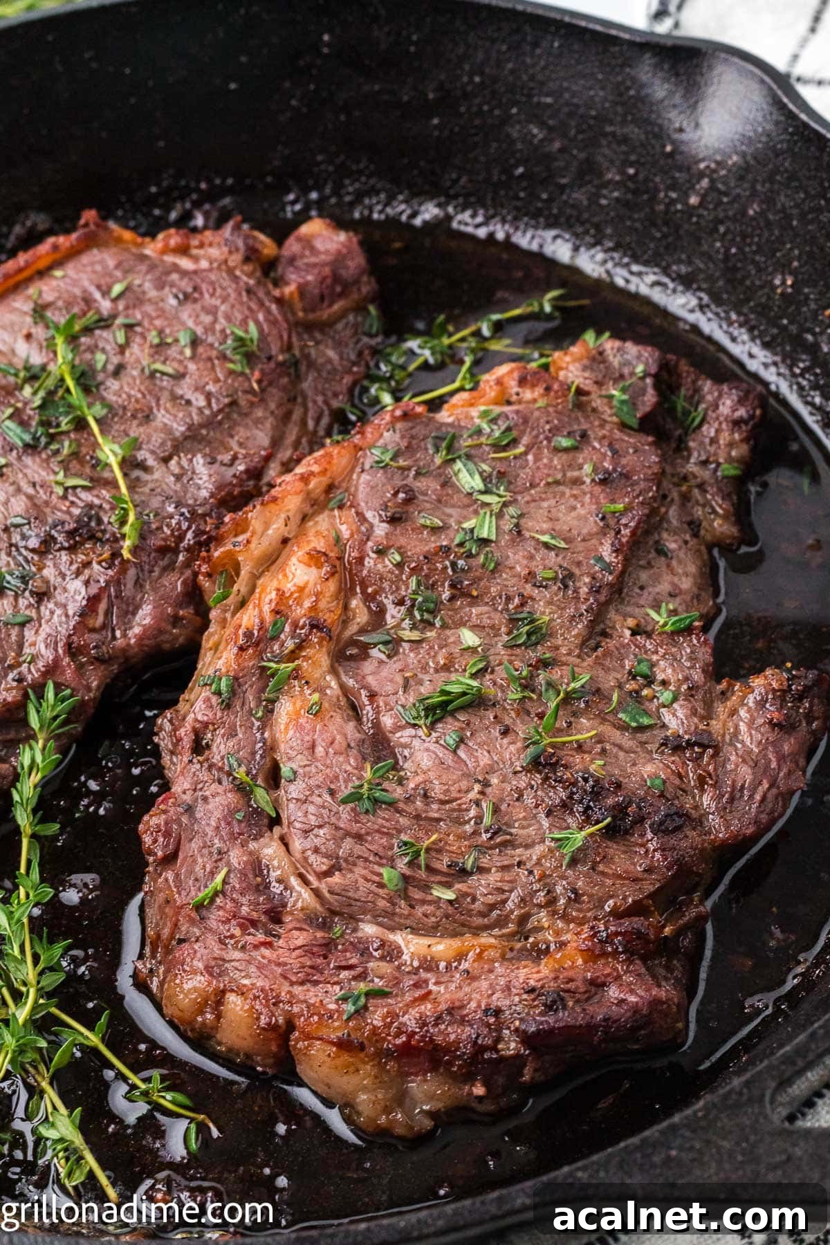 Steak in a cast iron skillet with fresh herbs