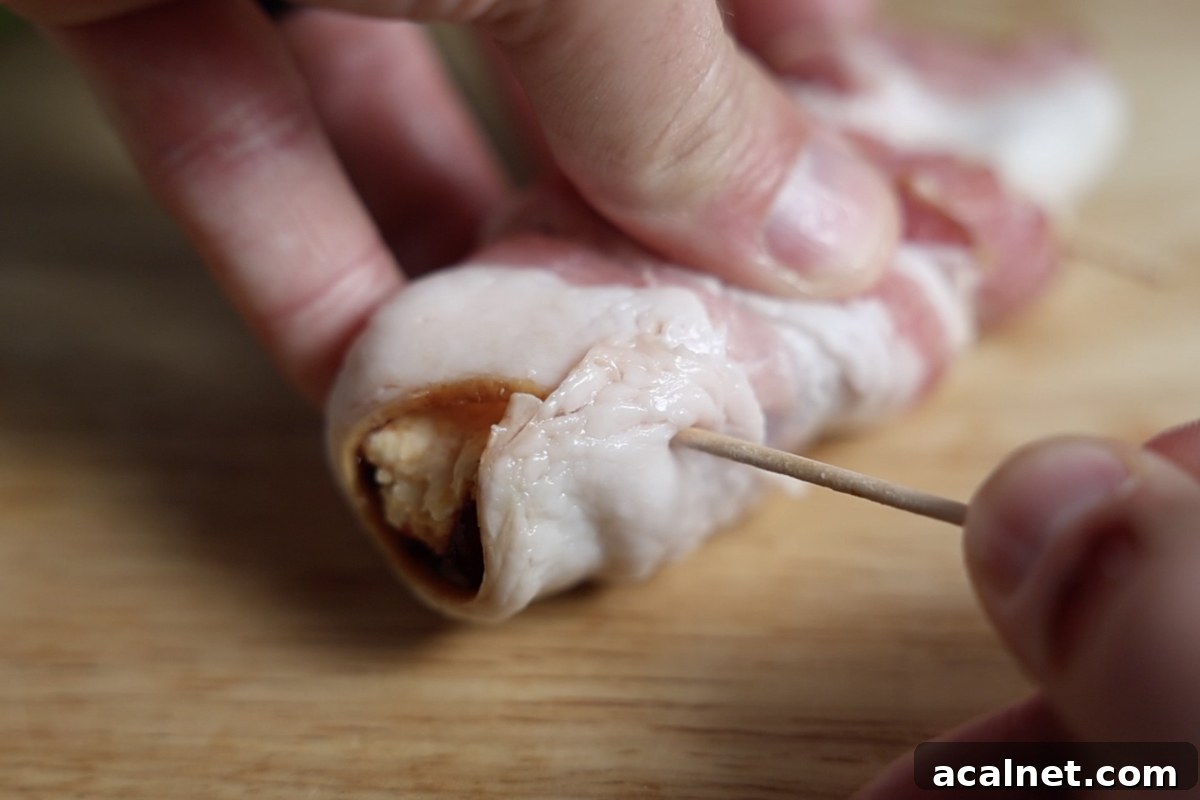 Placing toothpick in jalapeno popper to keep bacon in place.