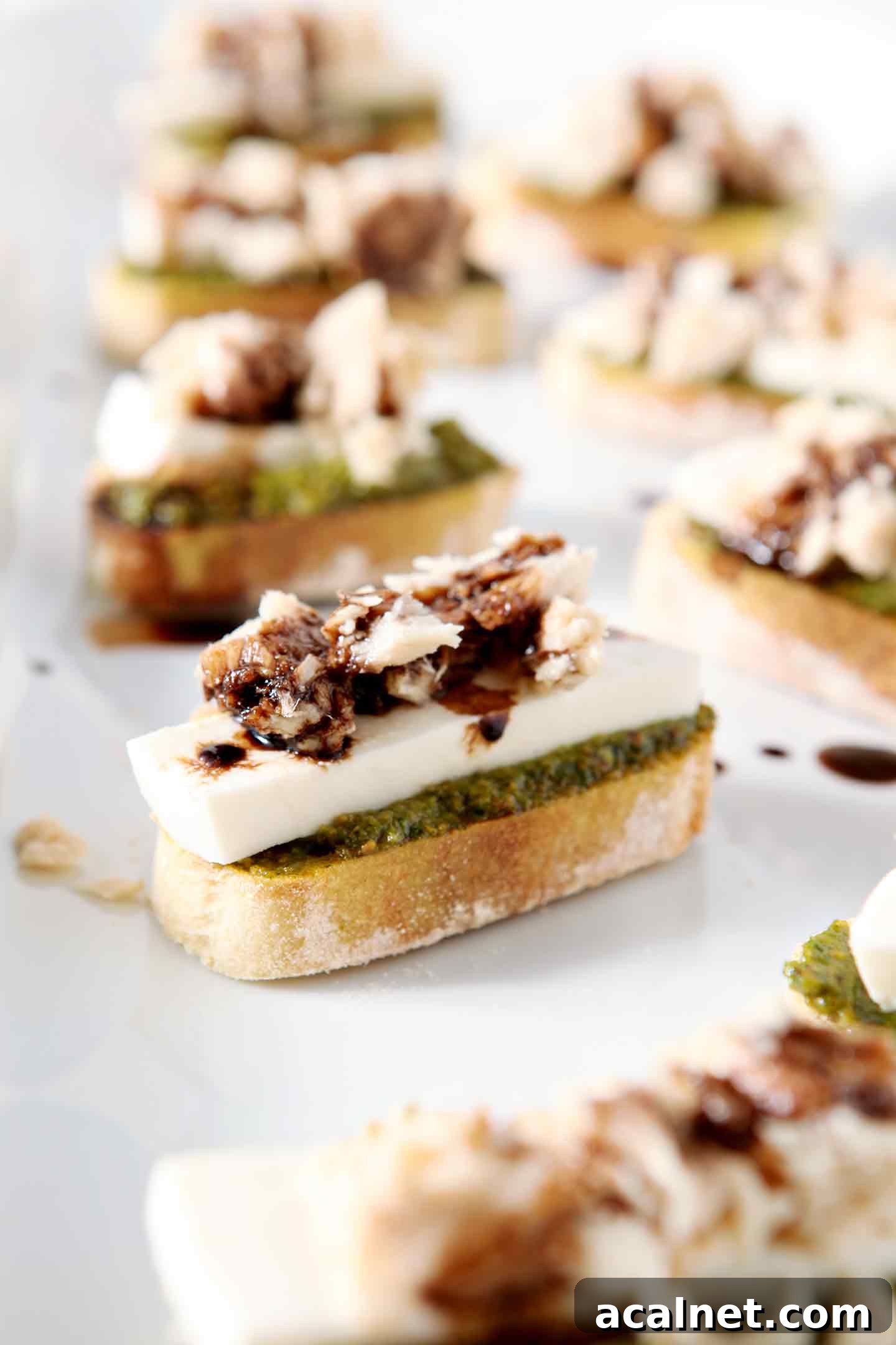 close up of a tuna pesto crostini