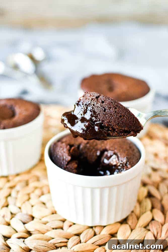 Close up of a spoonful of gooey baked chocolate pudding
