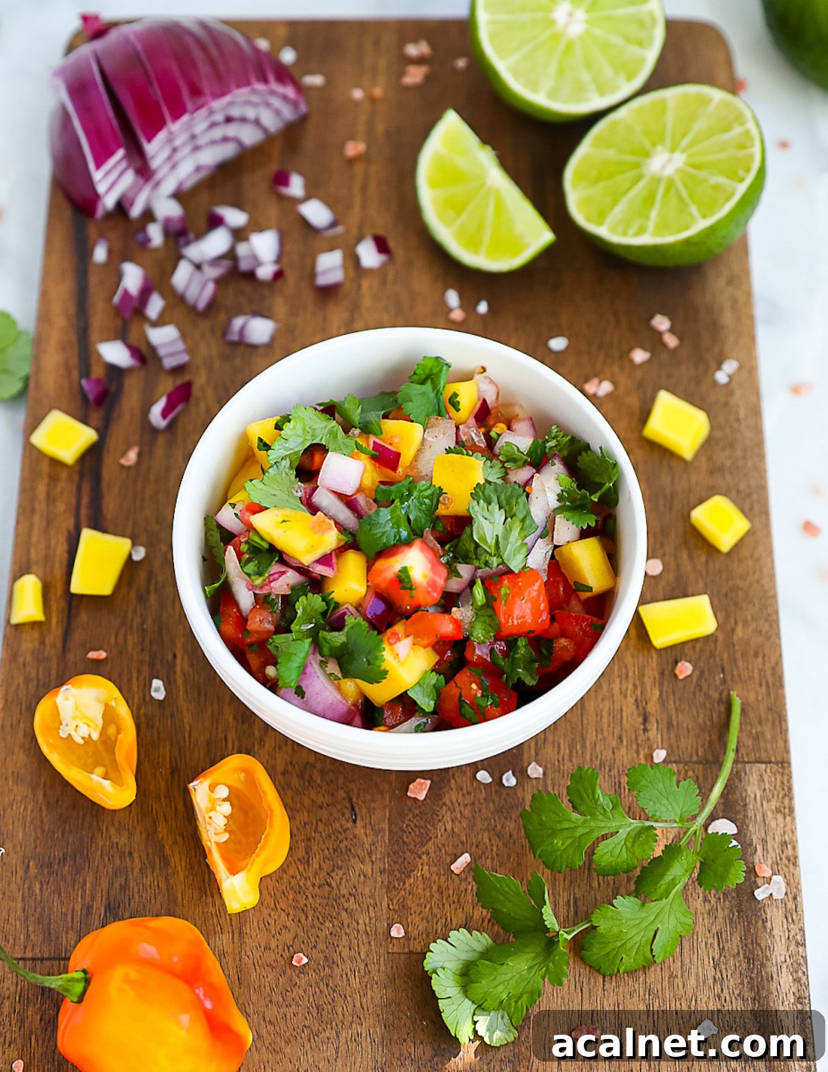 A bowl of fresh salsa, garnished with fresh green cilantro, sitting on top of a cutting board that is covered in the salsa ingredients