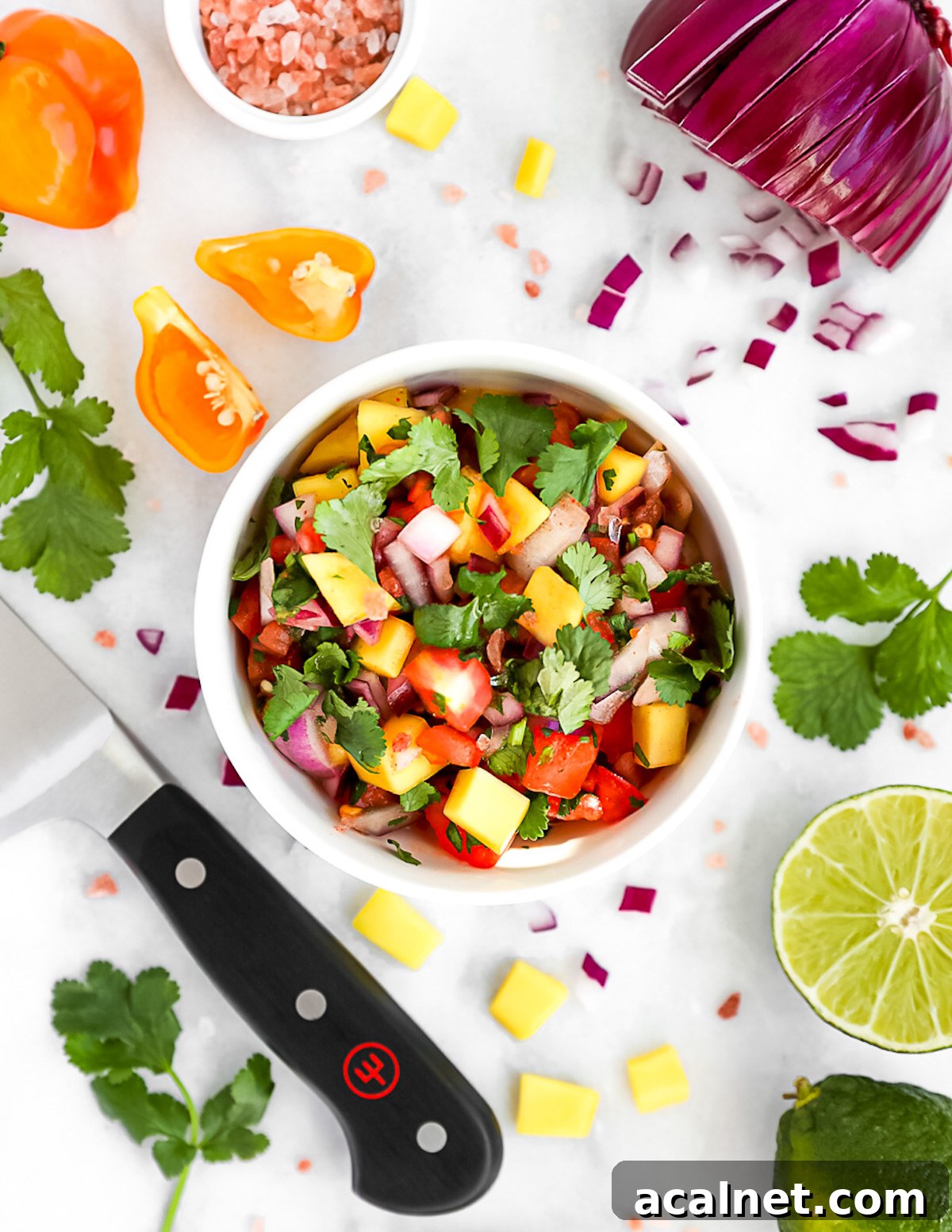 Pineapple mango salsa in a white bowl with the ingredients including: onion, salt, peppers, cilantro, mango, pineapple, and lime scattered around.