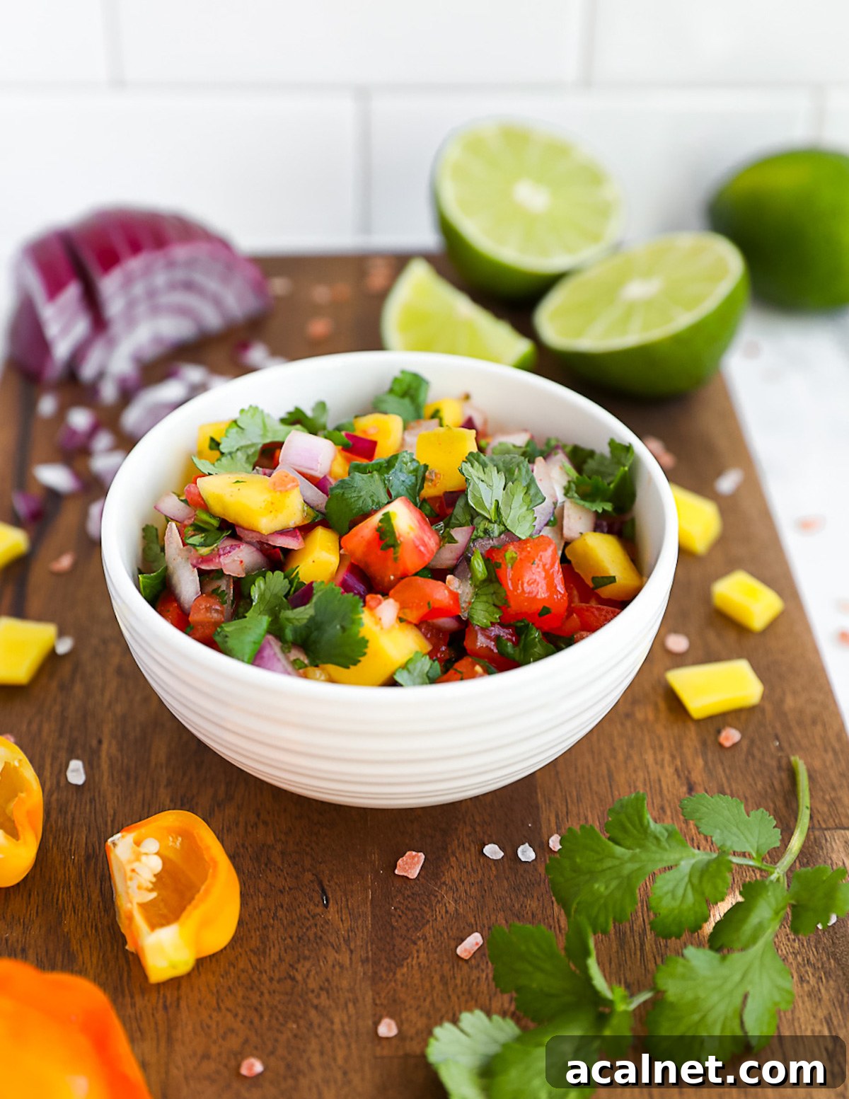 Homemade salsa in a white bowl sitting on a cutting board that is covered in salsa ingredients.