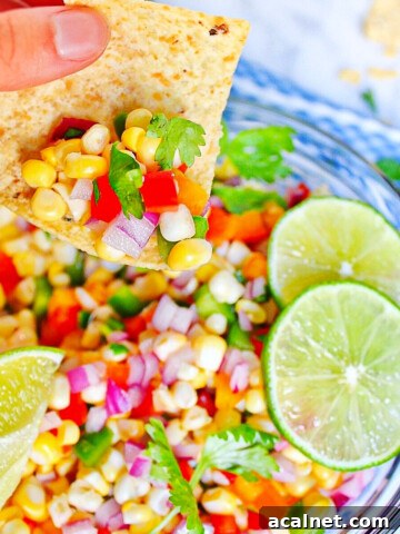 A hand holding a tortilla chip dipped into a vegan corn dip, veggie corn salsa. The corn salsa is made of corn, peppers, onion, cilantro, and lime.