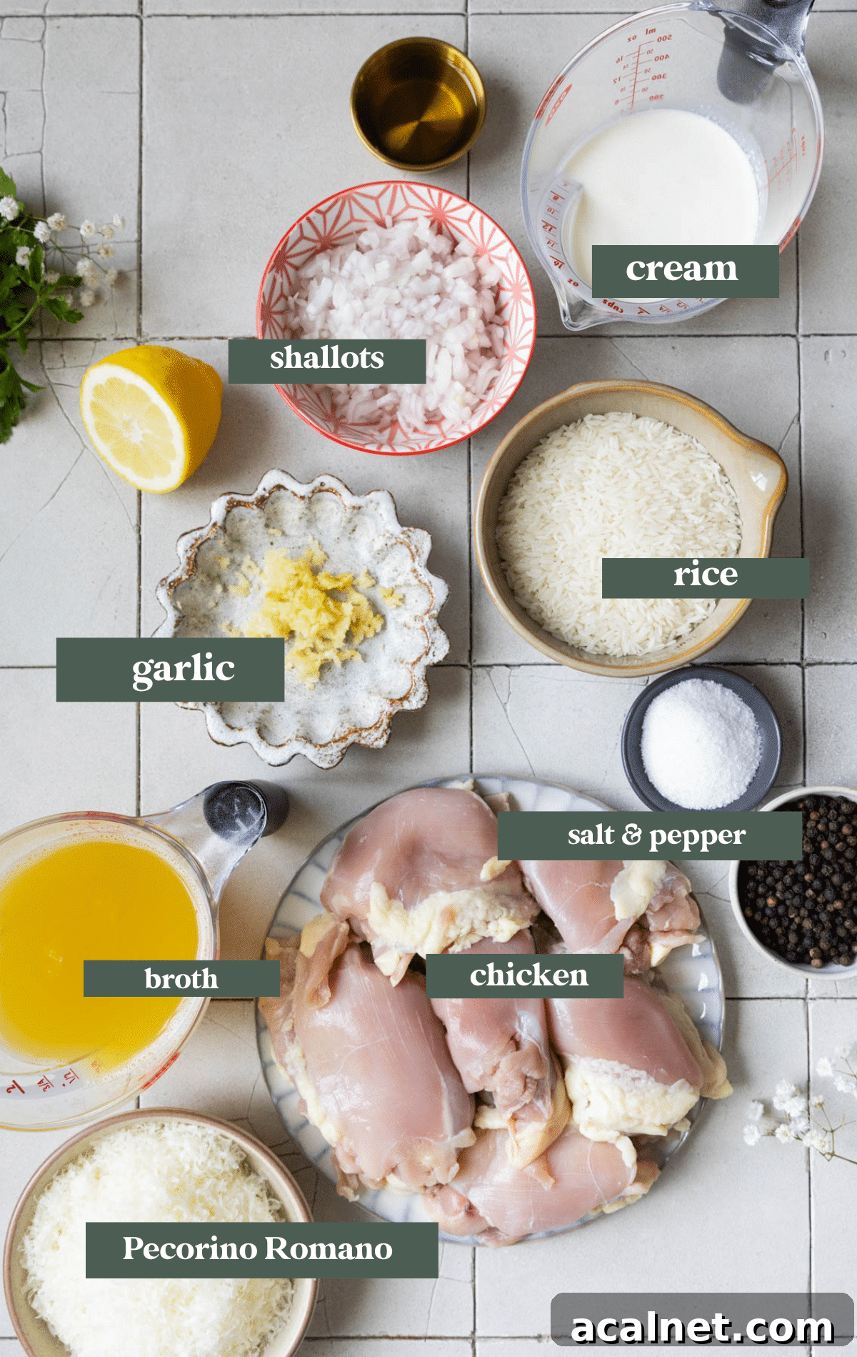 ingredients in small glass bowls and dishes to make chicken and rice.