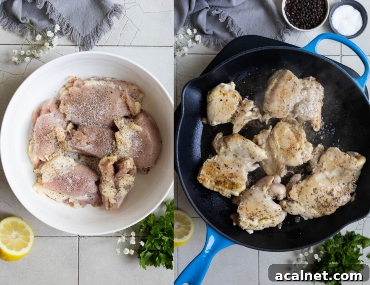 Step 1: Season and brown the chicken.
