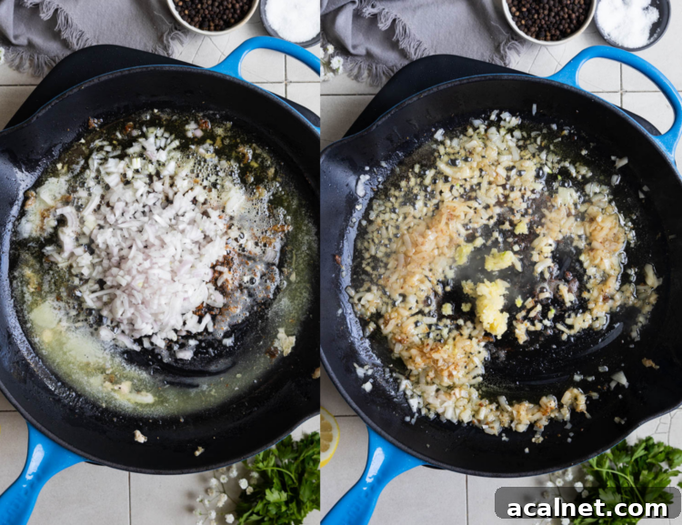 Step 2: Sauté shallots and garlic.
