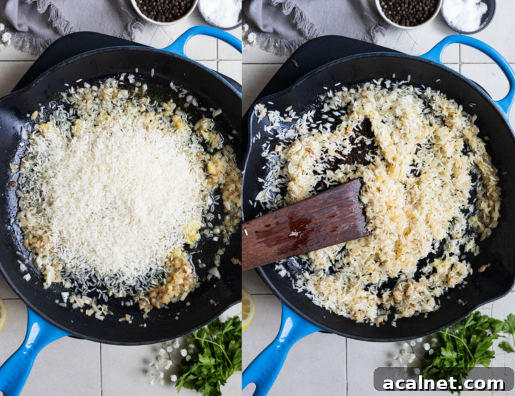 Step 3: Add the rice and stir.