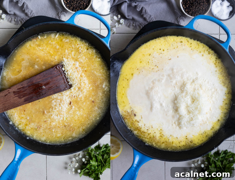 Step 4: Add the broth and finish with cream, cheese, and lemon.
