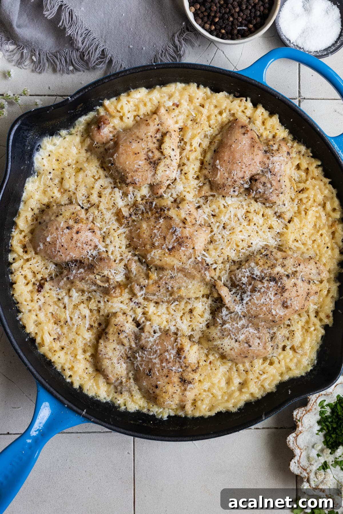 finished chicken and rice in a skillet.
