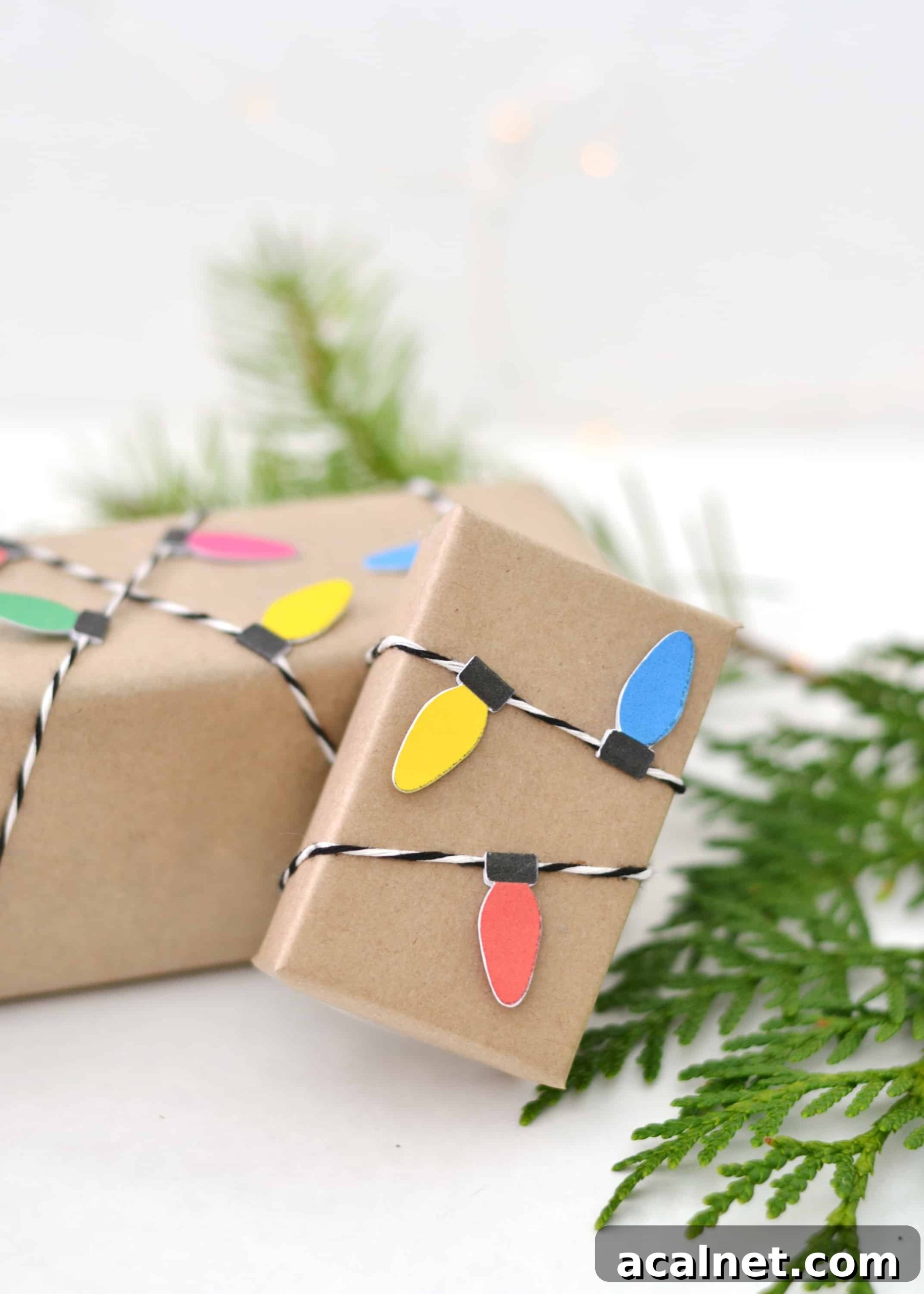 Brown kraft wrapped gifts with paper light bulb garland