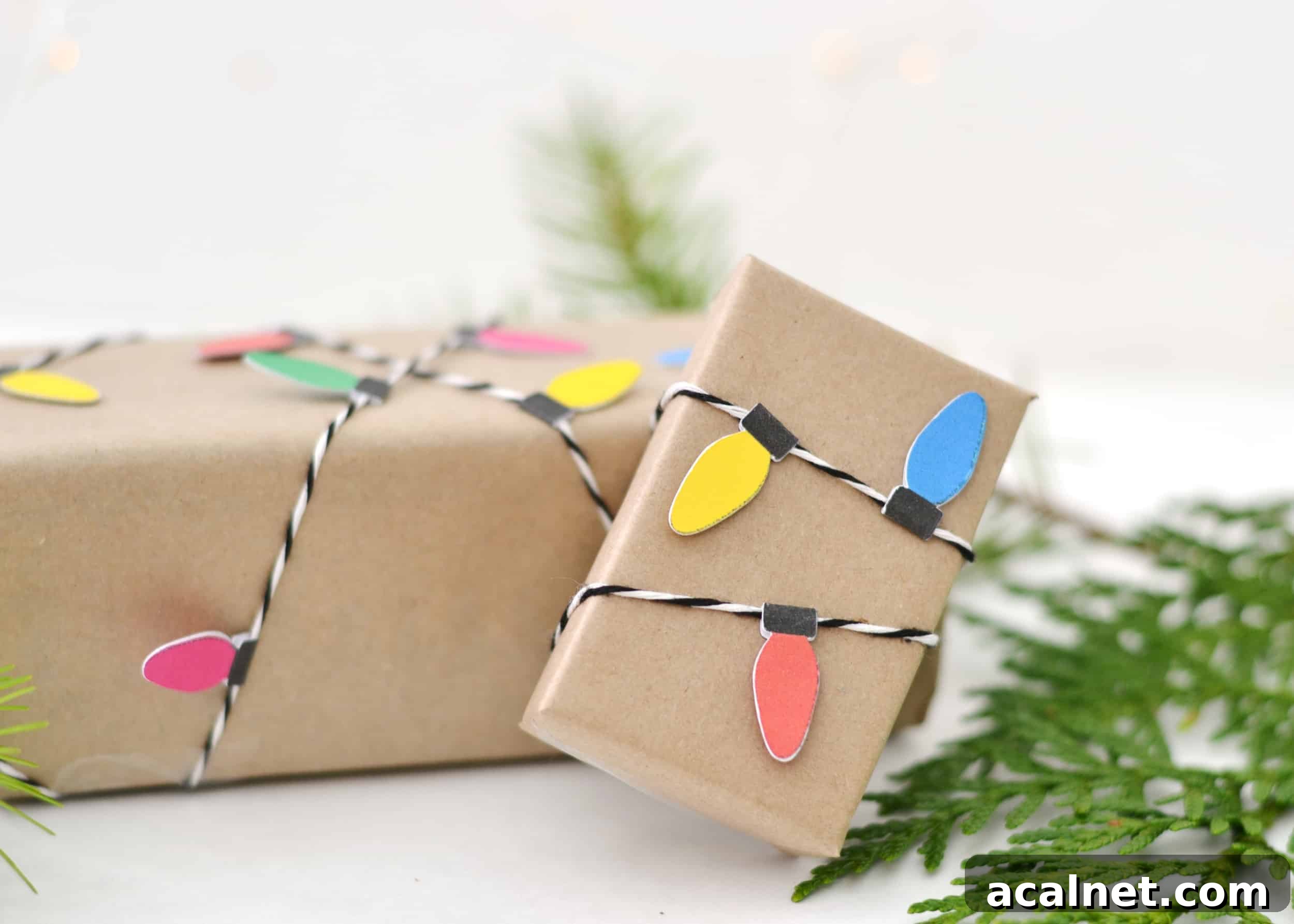 Close-up of paper light bulb decorations on twine