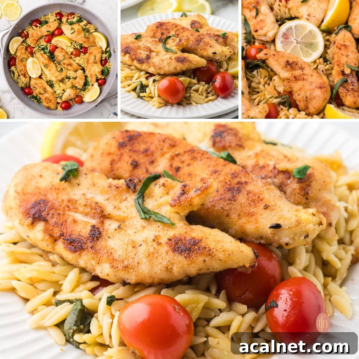A collage of 4 lemon orzo chicken images.