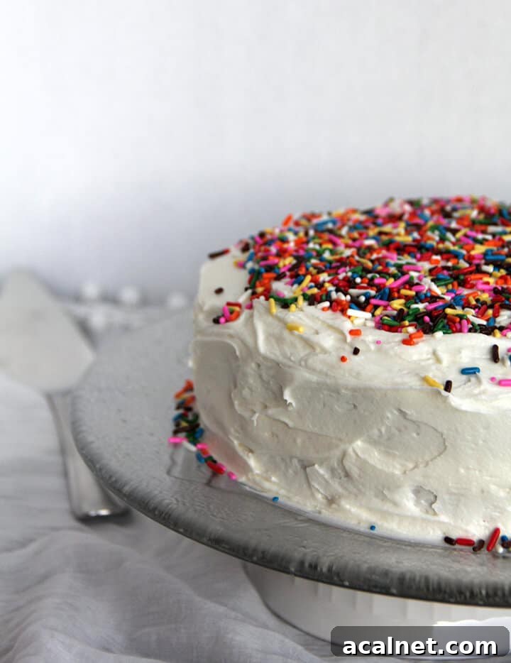 Side view of a whole sprinkle cake with white frosting on a platter.