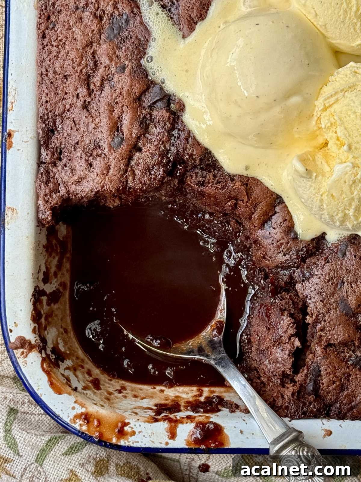 self saucing chocolate pudding in enamel dish with ice cream on top.