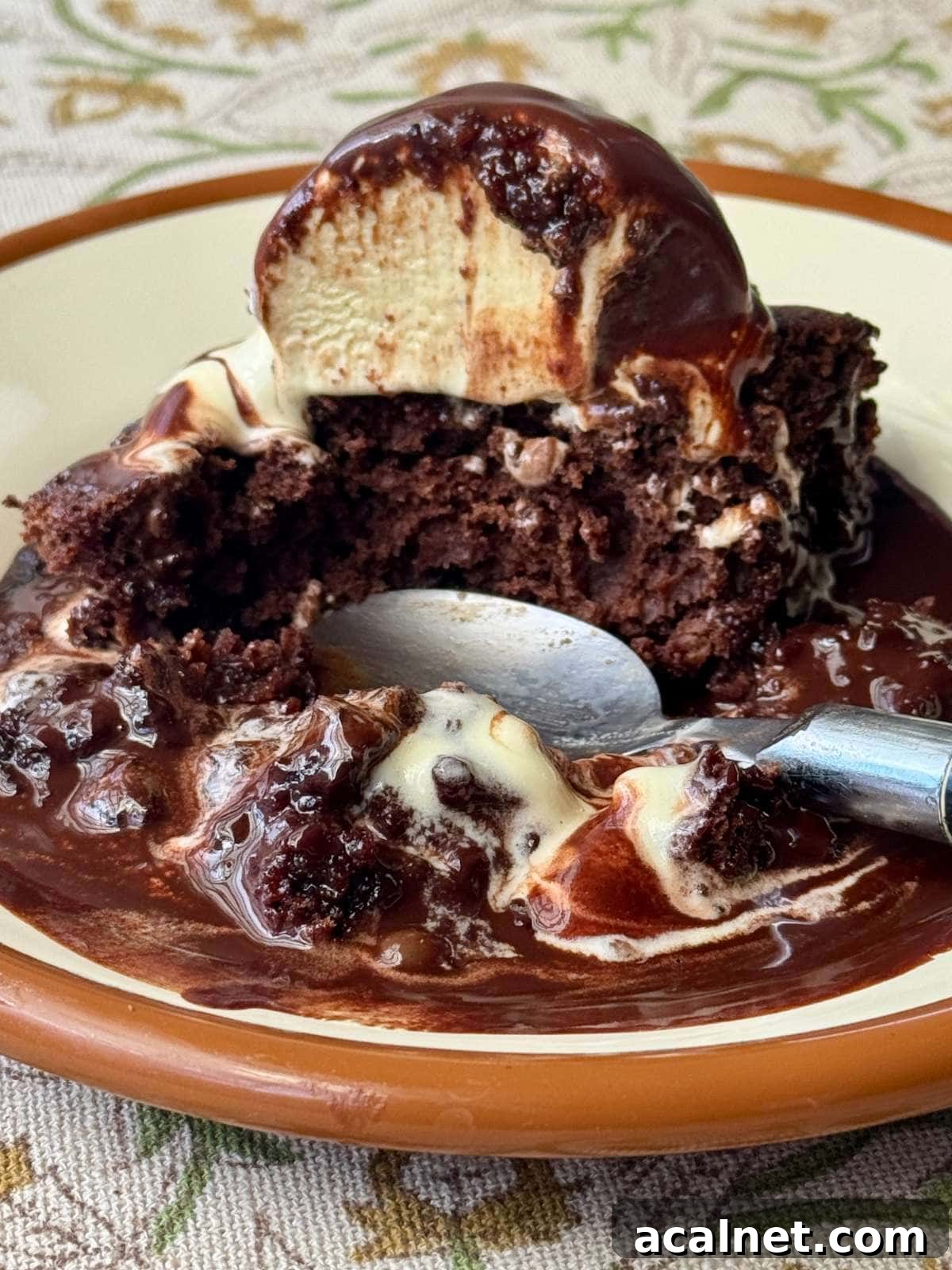 self saucing chocolate pudding on a plate with ice cream.