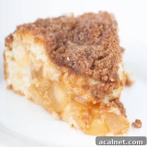 piece of apple cinnamon crumb cake with icing on top on a white plate