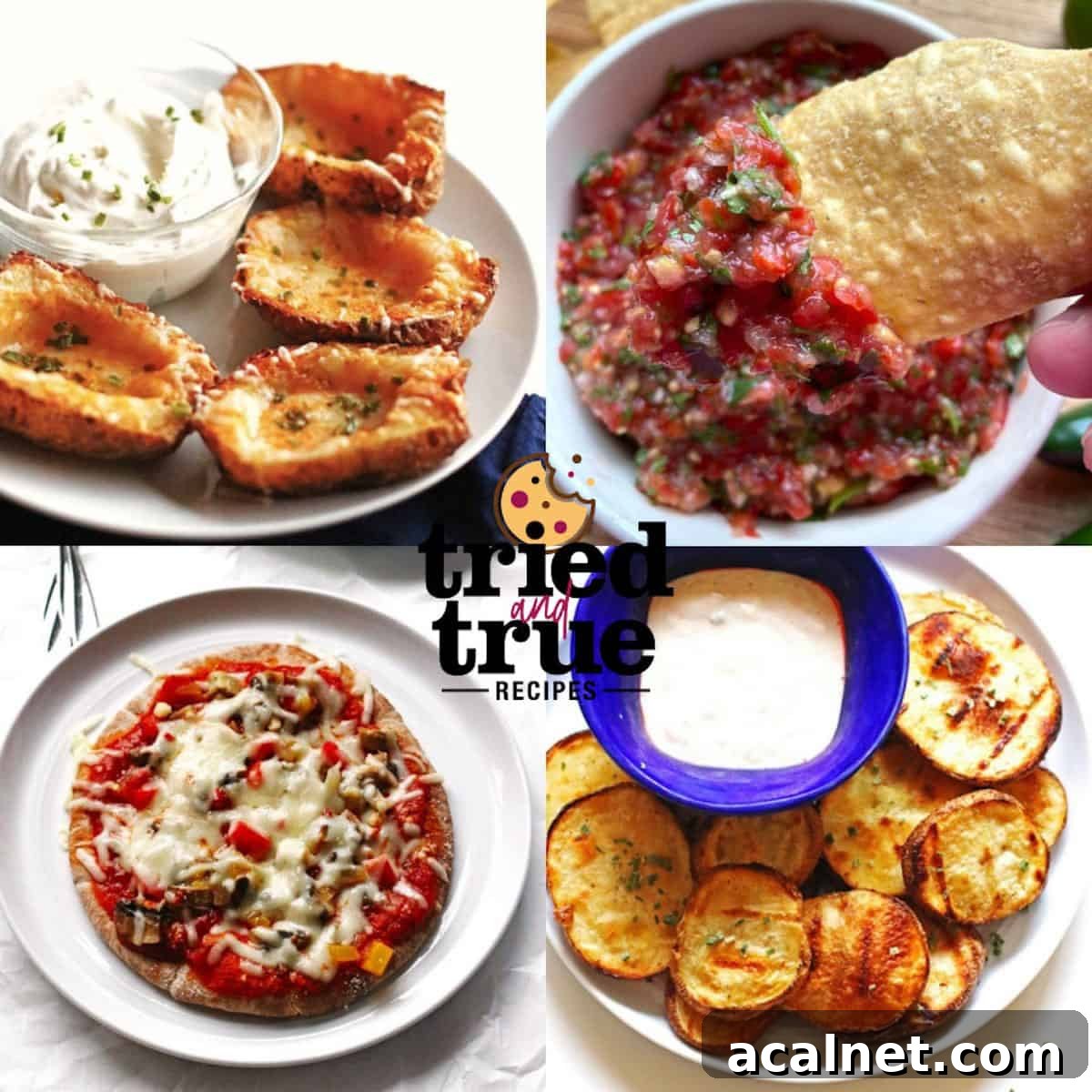 A collage of images showing appetizers for pizza - potato skins, chips and salsa, grilled potatoes with blue cheese, and a pita pizza.