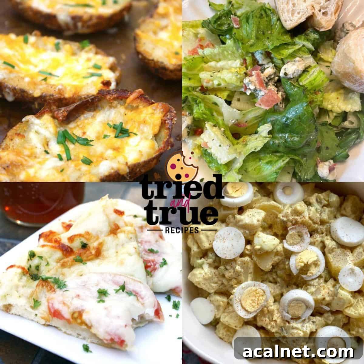 A collage of images showing appetizers for pizza - potato skins, green salad, potato salad, and white pizza.