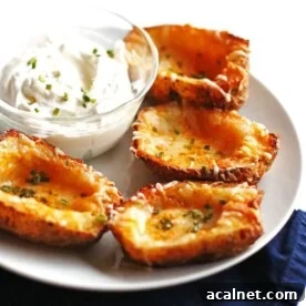 Four potato skins on a white plate.